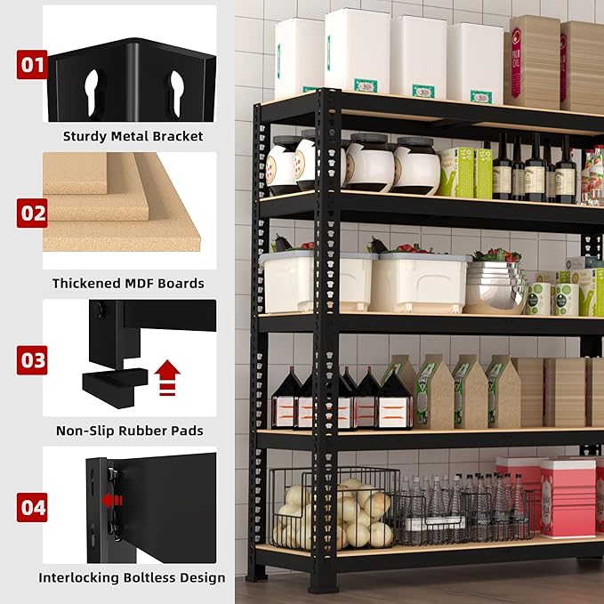 Heavy Duty Metal Storage Shelves - 36" W x 16" D x 72" H 5 Tier Adjustable Garage Shelving Unit, Industrial Utility Rack Shelf for Warehouse, Pantry, Kitchen, Black