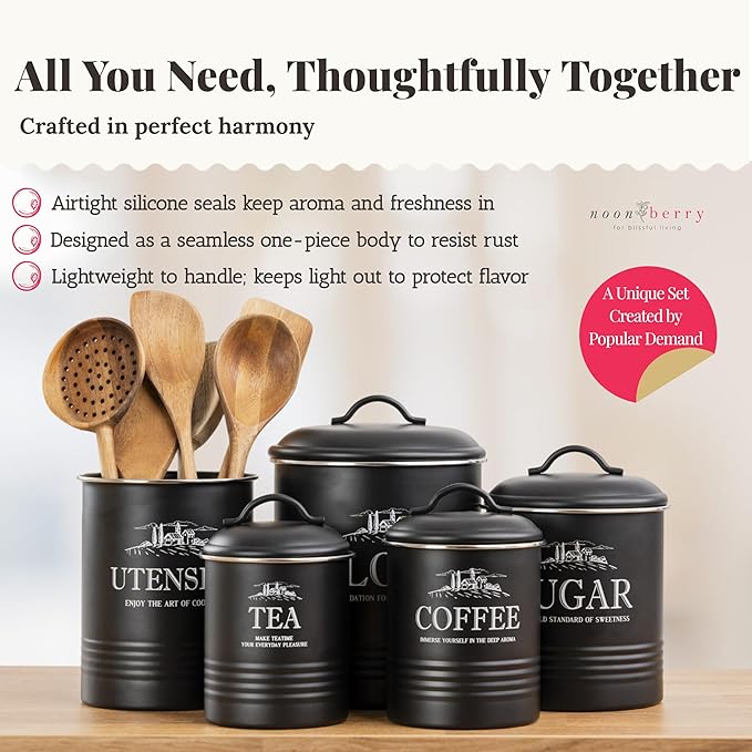 Kitchen Canisters for Countertop – 5-Piece Airtight Canister Sets for the Kitchen Counter with Utensil Holder – Flour Sugar Coffee Tea Containers – Matte Black Finish