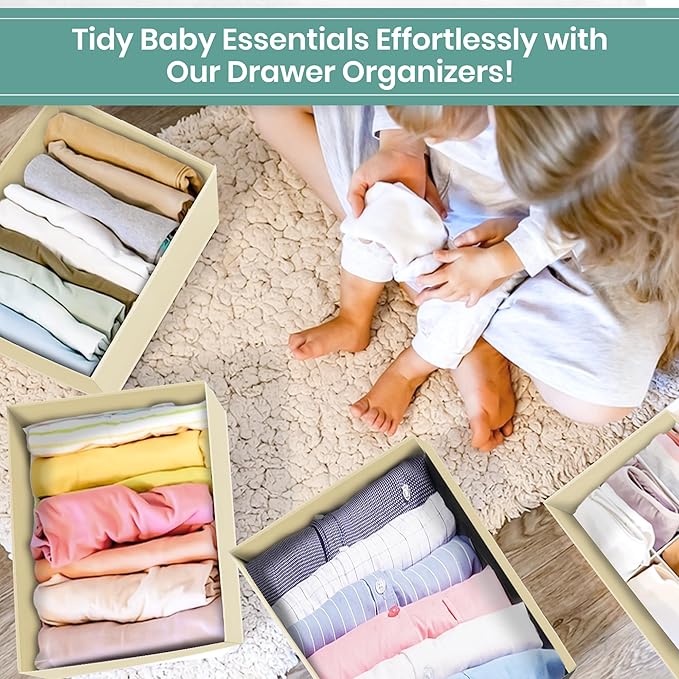 RFAQK Drawer Organizer Clothes-Dresser Organizer Bins for Baby Cloth-Organization and Storage for Underwear Bra Socks-Foldable Fabric Closet Divider for Bedroom, Nursery Essentials (Beige, 10 Pack)