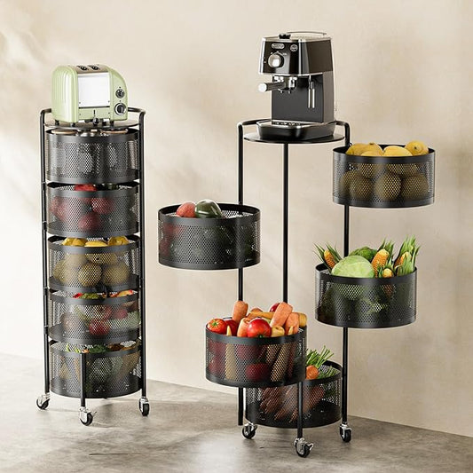 Rotating Fruit Basket, 5-Tier Metal Sturdy Kitchen Storage Rack Shelf Carts No Assembly on Rolling Wheels for Fruit Vegetable Grocery Corns Potato Onion (5-Tier, Black)