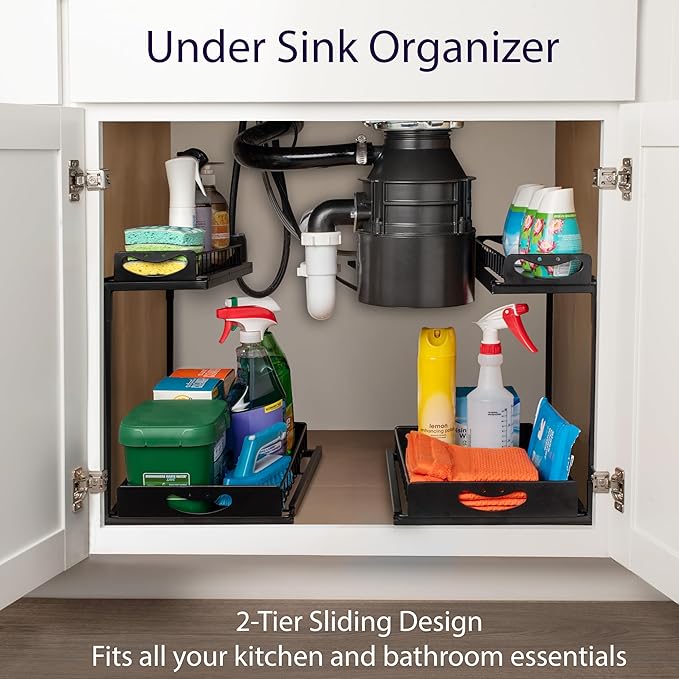 ClearSpace Under Sink Organizer, Pull Out Cabinet Organizer - 2 Tier Slide Out Organizers and Storage Shelf - Metal Sliding Drawer for Kitchen Bathroom Pantry Cabinet Organization Rack, Black