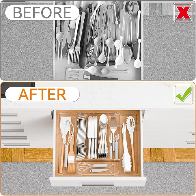 Yieach Clear Expandable Silverware Drawer Organizer,9.4-15.6In Adjustable Silverware Tray for Drawer,Plastic Kitchen Utensil Drawer Organizer for Cutlery,Flatware Organizers and Fork and Spoon Holder