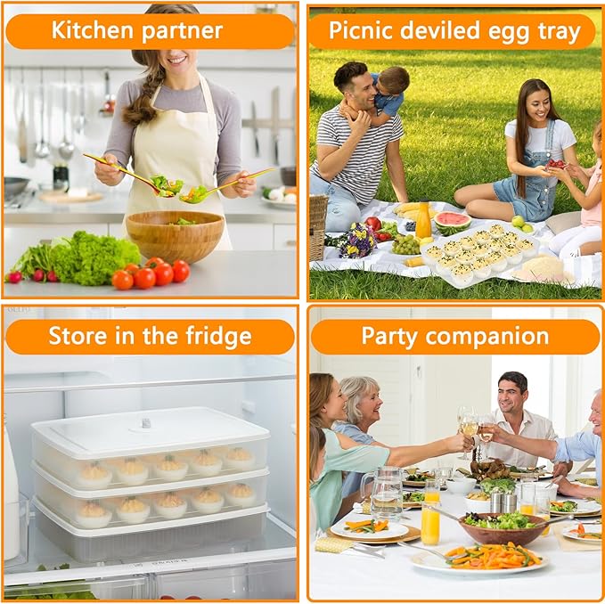 3Pack Deviled Egg Containers with Lid,Plastic Egg Container for Refrigerator with Handle,Deviled Egg Carrier for 72 Eggs,Kitchen,Festival Party, Stackable Egg Holder for Fridge (White)