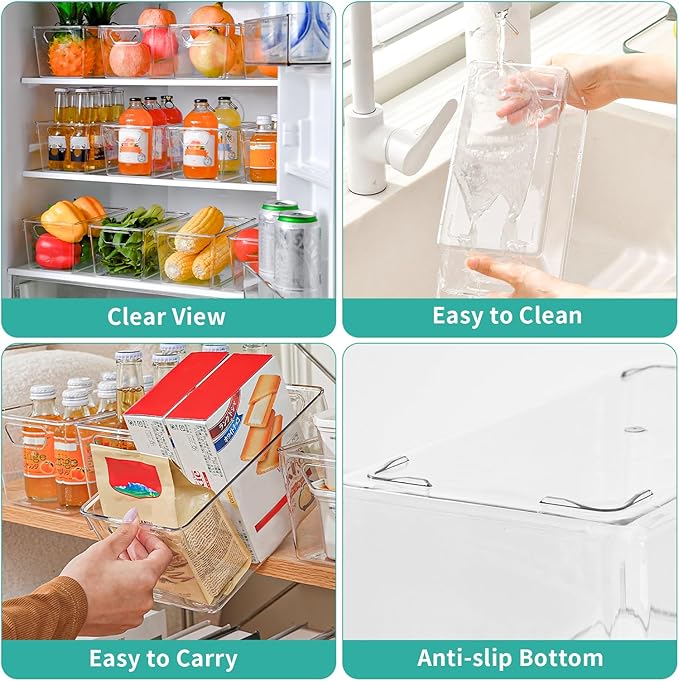 12 Pack Clear Plastic Storage Bins, Multi-Use Pantry Organizer and Storage Containers, Fridge Organizer Bins with Handles for Kitchen, Cabinet, Snack and Refrigerator Organization