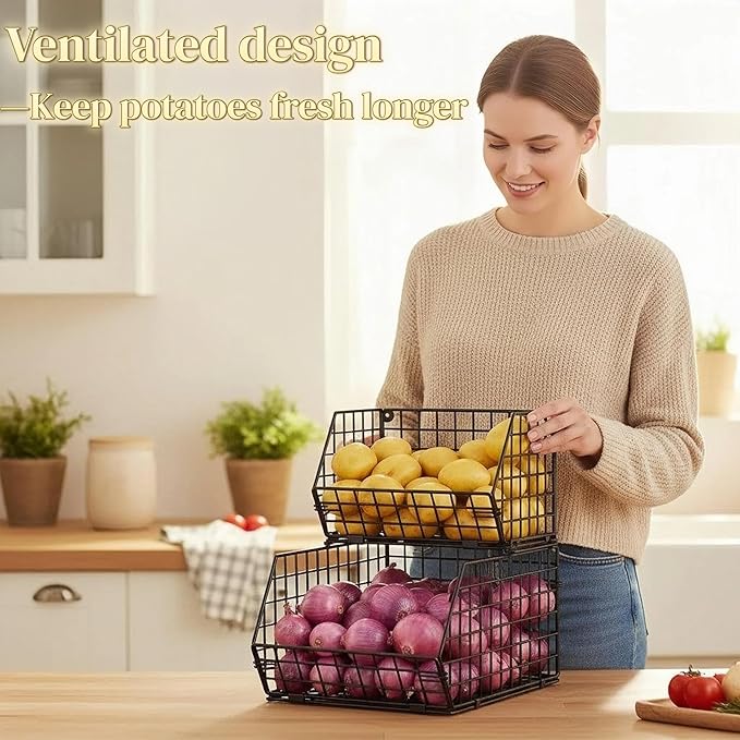 2-Tier Stackable Potato and Onion Storage Bin, Vegetable Storage Bins - Wire Baskets for Pantry Organization, Ventilated Baskets for Kitchen Countertop Hold Fruit, Produce, Snack, Can & Bread
