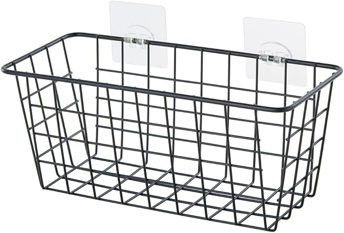 JUNCHU CHERRY 5 Pack Hanging Storage Basket, Bathroom Basket, Household Goods, with Traceless Tape, no Drilling, for Cabinet Storage, Kitchen, Bathroom, Storage Room,Black