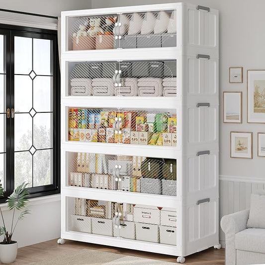 800QT Extra Large Stackable Storage Bins with Lid, 200Gal Plastic Closet Organizers and Storage Drawer, Collapsible Cabinet Box with Wheels Clear Doors for Home Kitchen Office, 5Pack White