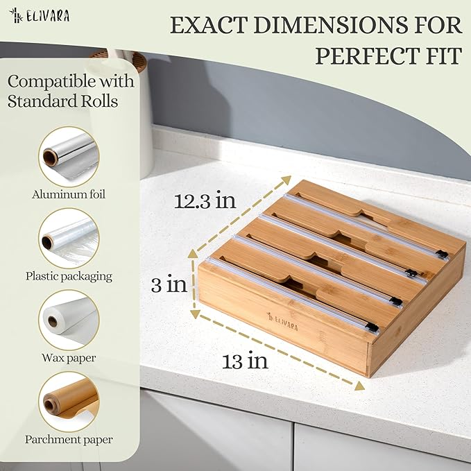 4-in-1 Bamboo Wrap Organizer with Cutter – Holds Plastic Wrap, Foil, Parchment & Paper Towels – Drawer or Countertop Use – Durable Bamboo Dispenser with Labels