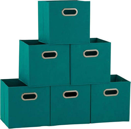 Household Essentials Fabric Storage Cubes 6 Pack – 11x11x11 Foldable Non-Woven Bins with Chipboard Sides & Grommet Handles – Stackable Cube Organizer for Closet, Nursery, Shelf, or Office – Aqua