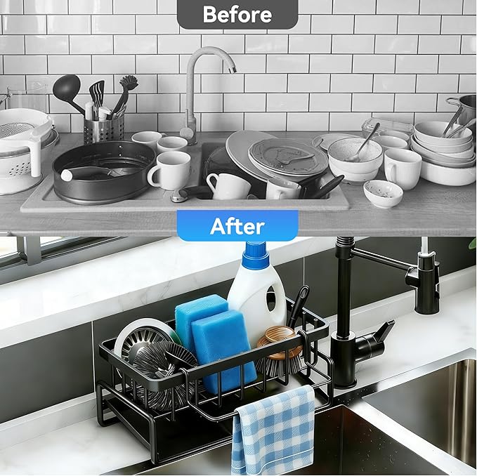 Sponge Holder for Kitchen, Sink Caddy Organizer Rack for Kitchen Accessories, Soap Dispenser Countertop Organizer Essentials for Home (Black)