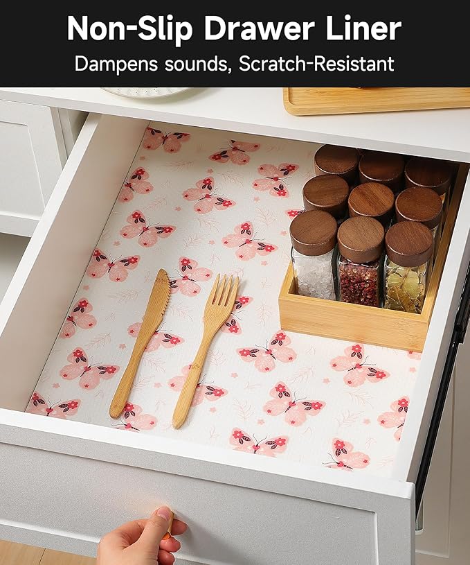 Reusable Non-Adhesive Drawer and Shelf Liner for Kitchen Cabinets - Waterproof Shelf Paper, Easy to Cut and Install - Suitable for Cabinets, Drawers, Shelves, and Desks(Pink Butterfly, 17.7"W x 197"L)