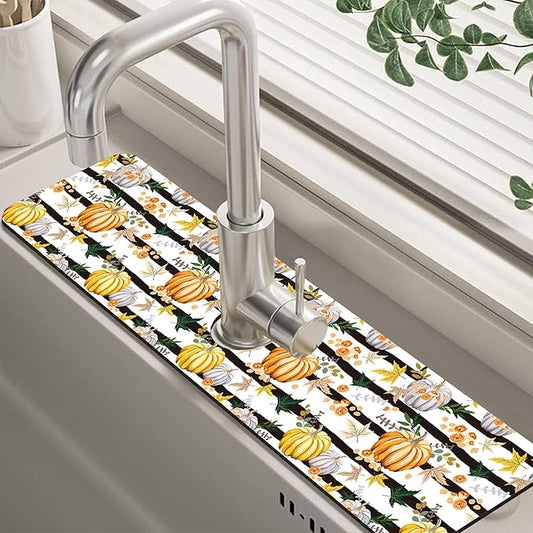 Thanksgiving Sink Faucet Absorbing Mat Autumn Pumpkin Floral Absorbent Fast Drying Mat Faucet Draining Mat Sink Splash Guard Behind Faucet Drip Catcher for Kitchen Bathroom 5.5"×24"