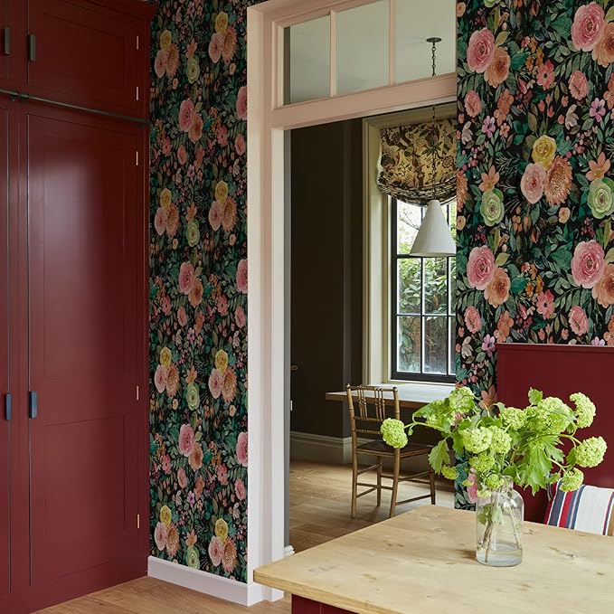 JiffDiff Blooming Floral Wallpaper Peel and Stick Pink Impressionist Floral Wall Mural Peony Roses Wallpaper Nursery Wall Decor (Black-Camellia, 17.7" X 393.7")