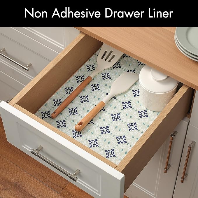 Cooyes Shelf and Drawer Liners for Kitchen Cabinets, Non-Adhesive Cabinet Liners, EVA Waterproof Durable Shelf Paper for Refrigerator, Shelves, Cupboard with European Pattern, Easy to Cut