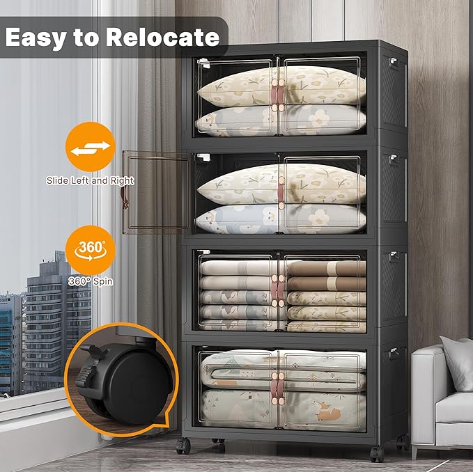 Stackable Storage Bins with Lids & Wheels & Door, Foldable Collapsible Closet Organizers, Extra Large Plastic Storage Drawers for Bedroom Dorm Office Garage (Dark-160qt, 4Pack with 1 top lid)
