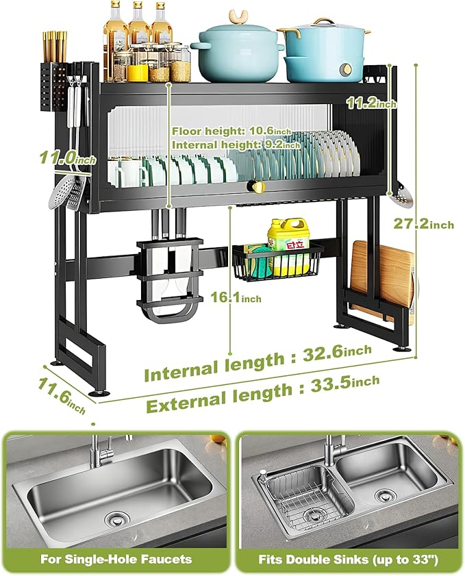 Over The Sink Dish Drying Rack 3-Tier Dish Drainer Racks with Cover Space-Saving Kitchen Organizer for Dishes, Glasses, Bowls & Cutlery