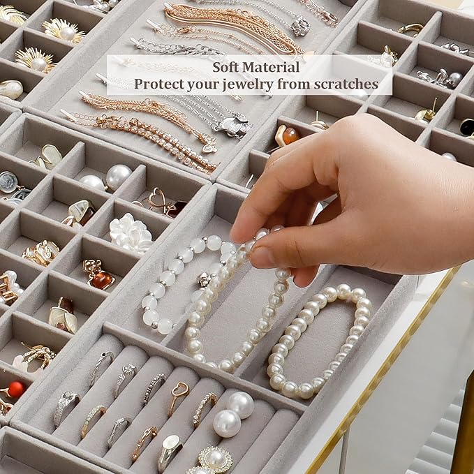 Jewelry Trays Organizer for Drawer, 9 Set of Small Jewelry Display Case Storage Velvet Stackable Drawer Inserts Organizer for Necklaces Bracelets Earrings Rings (Grey)