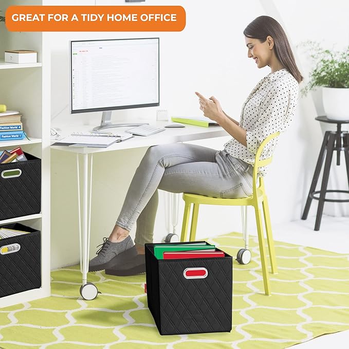 FH Group JIAessentials 12" Faux Leather Foldable Storage Cube Bins Set of 2 – Black Diamond Patterned Organizers with Handles for Closet & Shelves