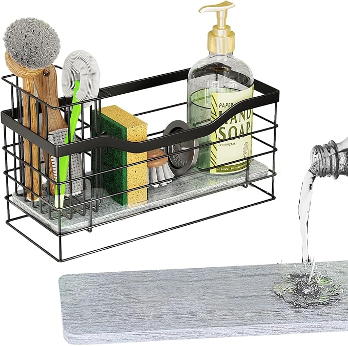 Sponge Holder for Kitchen Sink with Diatomite Drying Pad, Rust-Resistant Countertop Organizer, Adjustable Divider for Soap, Brush & Sponge