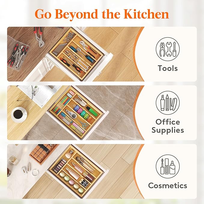 Lifewit Silverware Drawer Organizer, Utensil Tray for Kitchen, 5 Slot Bamboo Flatware and Cutlery Holder, Wood Storage for Spoons Forks Knives, 9.9 x 12.8 Inches, Natural