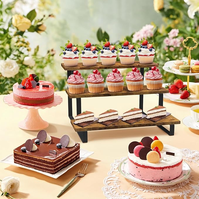 ELITEROO 3 Tier Straight Display Shelf, Portable Wood Retail Cupcake Dessert Stand Display Table, 3 Step Collectible Riser Stand, Tabletop Vendor Display Shelves Rack, Craft Show Countertop Risers