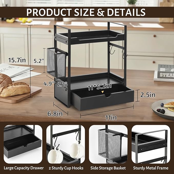Coffee Station Organizer Countertop, Wooden Coffee Bar Accessories Organizer with Basket, 2 Mug Holder Hooks and Pod Drawer, Multifunctional 2 Tier Countertop Organizer for Kitchen, Bathroom, Office