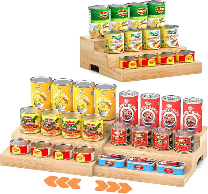 Expandable Can Rack Organizer for Pantry, 3 Tier Wooden Can holder, Canned Goods Organizer Holds Up to 24 Cans Soda, Cannd Food Storage Display for Cabinet, Pantry, Kicthen Countertop
