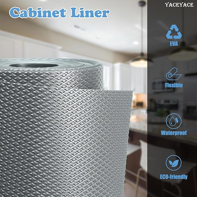 YACEYACE Shelf Liners for Kitchen Cabinets Non-Adhesive, Grey 12” x 10 FT Drawer Liner, Waterproof Mats for Refrigerator, Cupboard, Bathroom, Drawer