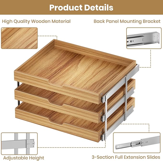 ROOMTEC 3 Tier Pull Out Cabinet Organizer, Heavy-Duty Pull Out Drawer, Slide Out Wood Shelf for Cabinets, Base Cabinet Organization for Pantry, Bathroom (27" Wx21 D)
