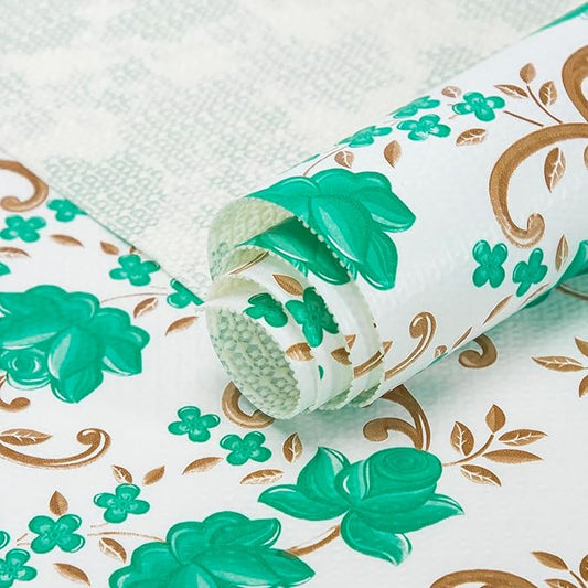 18X96 Inch Shelf Liner for Kitchen Cabinets, PVC Drawer Liner for Dresser Non-Slip Bathroom, Non-Adhesive Cabinet Liner Washable (Green Floral)(1 Roll)