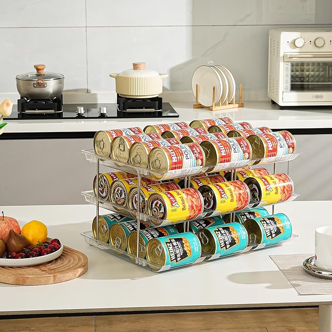 Can Organizer for Pantry， Stacking Can Storage Organizer Pantry，Automatic Can Rack for Fridge, 3Tire 3 Columns Can Holder for 36 Cans, Canned Goods Organizer