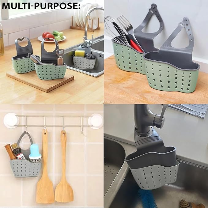 Kitchen Sink Caddy - Silicone Plastic Soap Sponge Holder - BPA-free Rack - Faucet Caddy with Drain Holes for Drying - Adjustable Hanging Strap (Green)