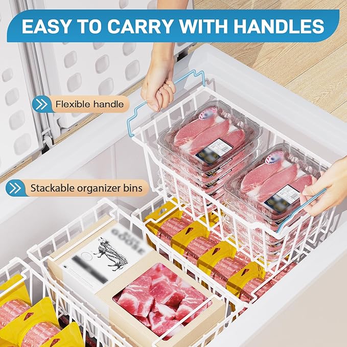 Freezer Organizer Bins, 8 Pack Chest Freezer Organizer Stackable for 5-7 Cu.FT Deep Freezer Sort Frozen Meats and Food, Freezer Storage Baskets with Handles Easy Reach from Bottom, White