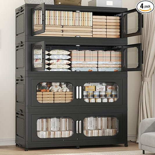 200Gal Extra Large Stackable Storage Bins with Lid & Wheels & Doors, 200QT/50GAL 4-Tiers Collapsible Closet Organizers Plastic Containers Drawers Boxes for Home Kitchen Bedroom, Black