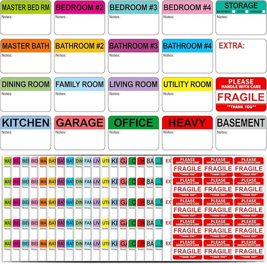 Labelebal 600 Writable Stickers 2” x 3” Each,20 Designs Pre-Printed Color-Coded Home Moving Packing Box Labels with Fragile, Extra, Heavy Labels
