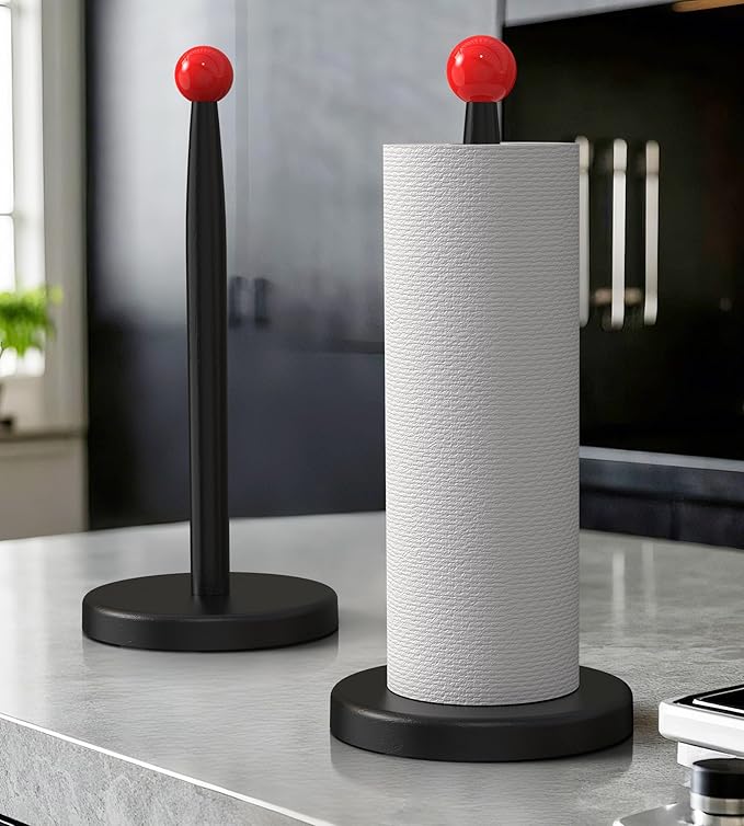 KitchLife Paper Towel Holder Countertop, 1 Pack Freestanding Decorative Black Red Weighted Holder Fits Jumbo Roll - Aesthetic Solid Paper Towel Dispenser Stand with Thickened Wider Anti-Skid Base