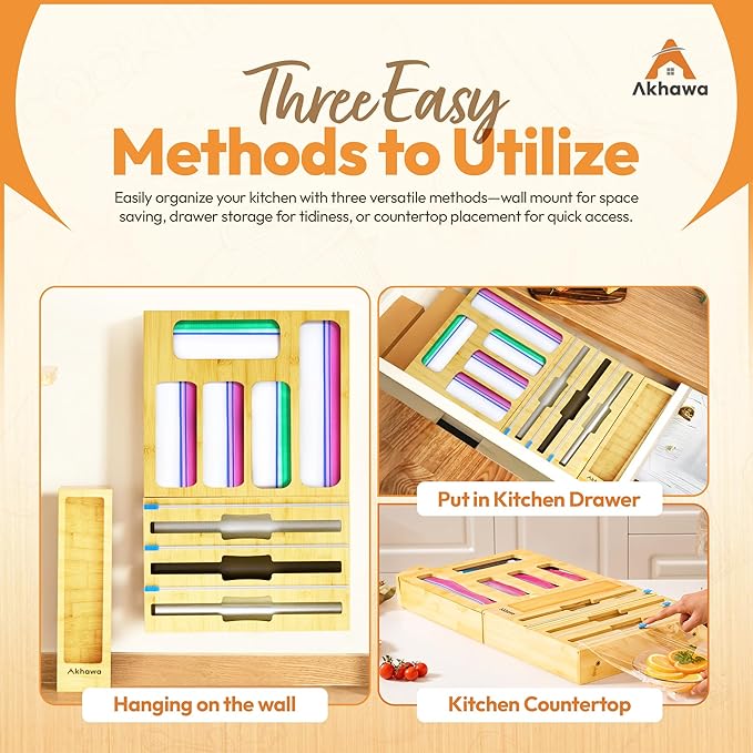 Storage Bag Organizer for Kitchen Drawer and Wall - 9 in 1 Baggie Organizer for Foil and Plastic Wrap with Cutter - Measure Drawer Height Before Purchasing