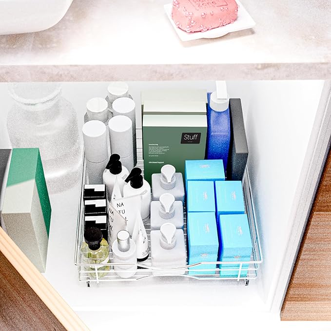 Home Zone Living Pull Out Kitchen Cabinet Organizer with Slide Out Drawer for Space Saving Storage, 20” W x 21” L