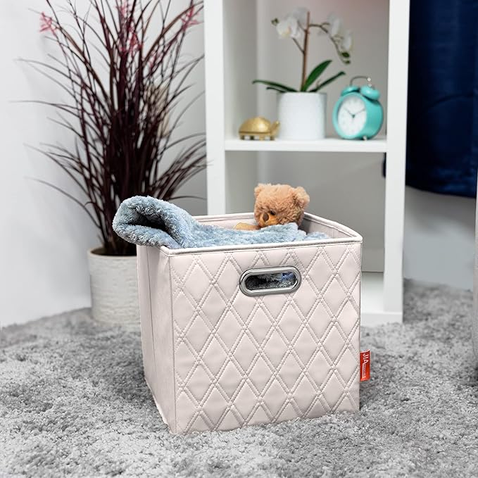 FH Group JIAessentials 13" Faux Leather Foldable Storage Cube Bins Set of 2 – Beige Diamond Patterned Organizers with Handles for Closet & Shelves