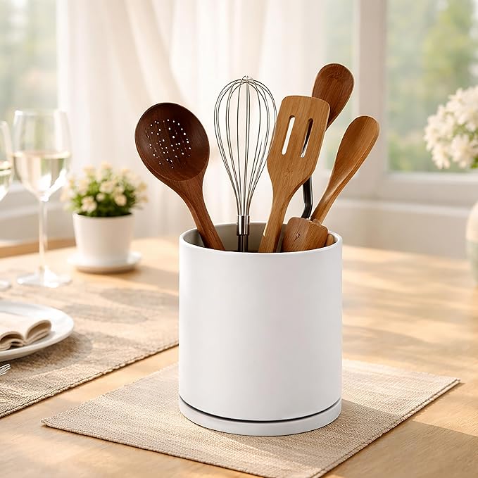 D'vine Dev 360° Rotating Utensil Holder – 7.2" Kitchen Utensil Crock for Countertop, Modern Cooking Tool Organizer for Kitchen Storage & Décor, Set of 2, Oatmeal, 72-Y-D-2