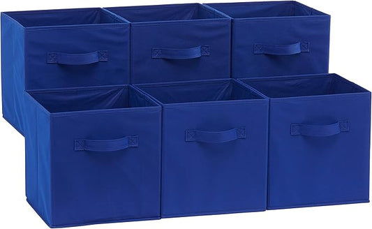 Amazon Basics Collapsible Fabric Storage Bins with Handles, Cube Organizer for Home Organization, 10.5"x10.5"x11", Navy, 6-Pack