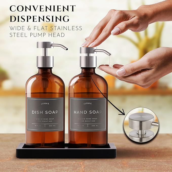 Lotion, Hand & Dish Soap Dispenser for Kitchen & Bathroom | Soap Dispenser Set of 2 16.8 Oz Glass Bottles with Stainless Steel Pump, 15 Water Proof Labels & Silicon Tray (Amber/Silver)