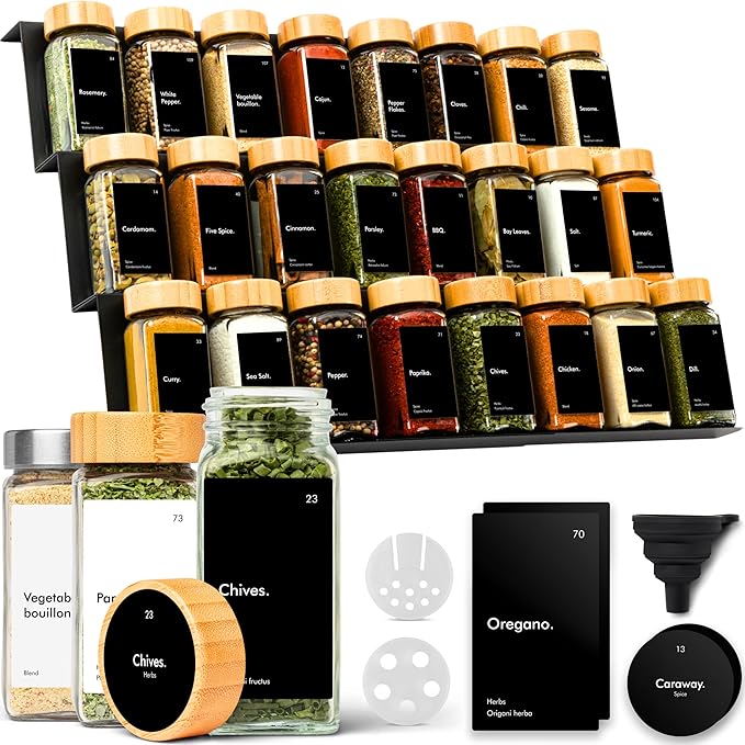 KIVY Drawer Spice Organizer + 24 Jars & 240 Labels - Seasoning Rack for Organization - Kitchen Drawer Insert for Spice Jars - Glass Seasoning Jars with Airtight Lids - Glass Spice Jars with Label