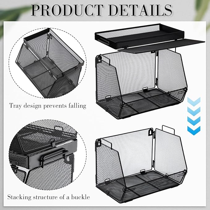 2 Pcs Stackable Mesh Fruit Basket with Lid Wall Produce Vegetable Storage Basket Onion Potato Snack Hanging Metal Wire Container for Kitchen Counter Pantry(Removable,Black,7.1" w & 11.8" l)