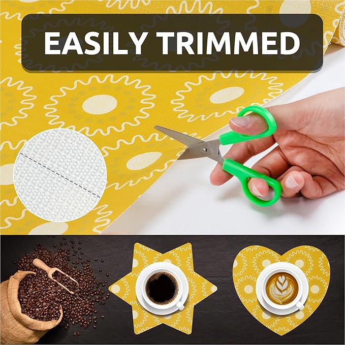 18X96 Inch Shelf Liner for Kitchen Cabinets, PVC Drawer Liner for Dresser Non-Slip Bathroom, Non-Adhesive Cabinet Liner Washable (Yellow Circle)(4 Roll)