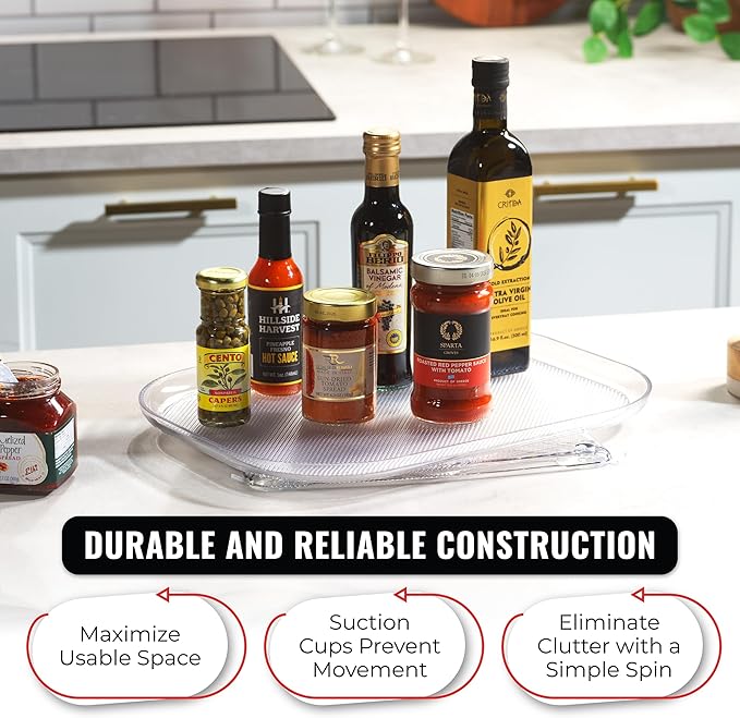 Oizeir Refrigerator Lazy Susan Turntable – Clear Rectangular Fridge Organizer with Suction Cups, 360° Rotating Tray for Side-by-Side Refrigerators, Cabinet & Pantry Organization