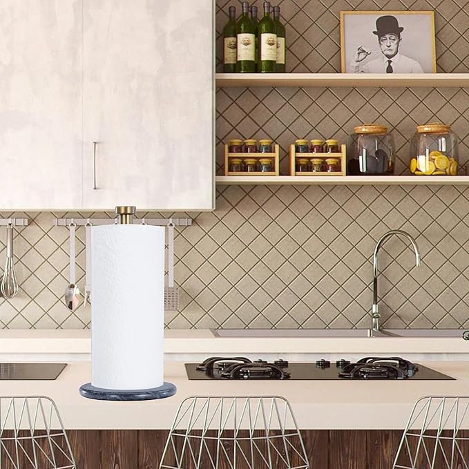 Paper Towel Holder with Marble Base - 13" x 7" Upright Paper Roll Dispenser with Heavy Non-Slip Base for Easy One-Handed Tear - for Countertops, Cabinets, and Bathrooms