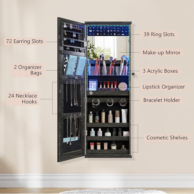 43.5" Over the Door Jewelry Organizer, Mirror with Storage and Lockable, Full Length Mirror Cabinet with Hanging Holder & Built-in Lights Makeup Mirror, Women/Girls (Wood Grain Brown)