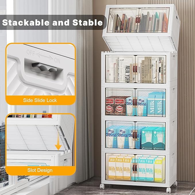 Stackable Storage Bins with Lids, 260QT Closet Organizers and Storage with Doors and Wheels, Extra Large Storage Cabinet, Collapsible Plastic Drawers for Bedroom Dorm Office Garage
