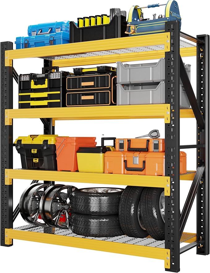 3000LBS Garage Shelving 59" W Garage Shelving Heavy Duty 4-Tier Metal Storage Shelves Adjustable Shelf Unit Grid Storage Rack for Basement Supermarket Warehouse 59" W x 24" D x 78" H Yellow